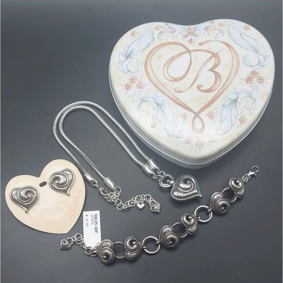 Brighton Penelope Heart Silverplated 3-Pc Jewelry Set Necklace Bracelet Earrings - Picture 1 of 10